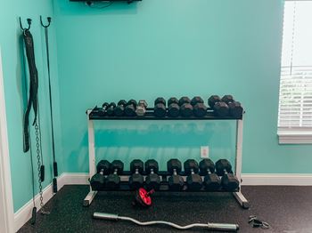 Free weights in fitness center at Barton Farms in Greenwood, IN